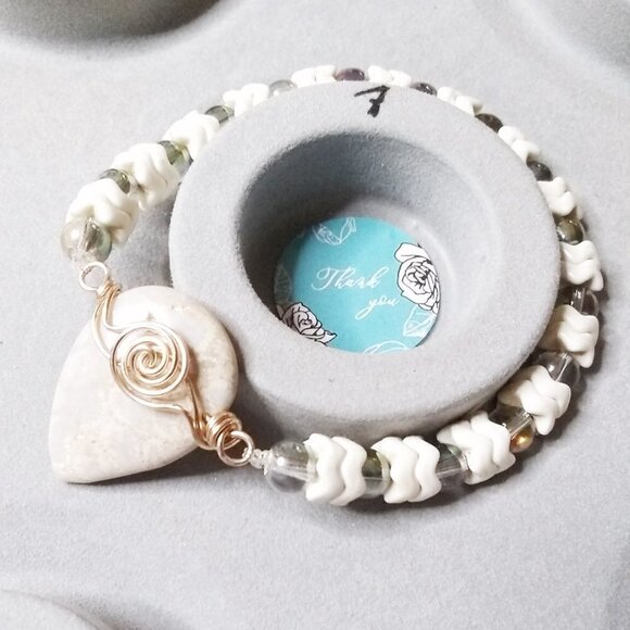 Wintery Coral Fossil Bracelet w. Howlite & Glass Beads | Handmade Holiday Gift - Picture 5 of 10